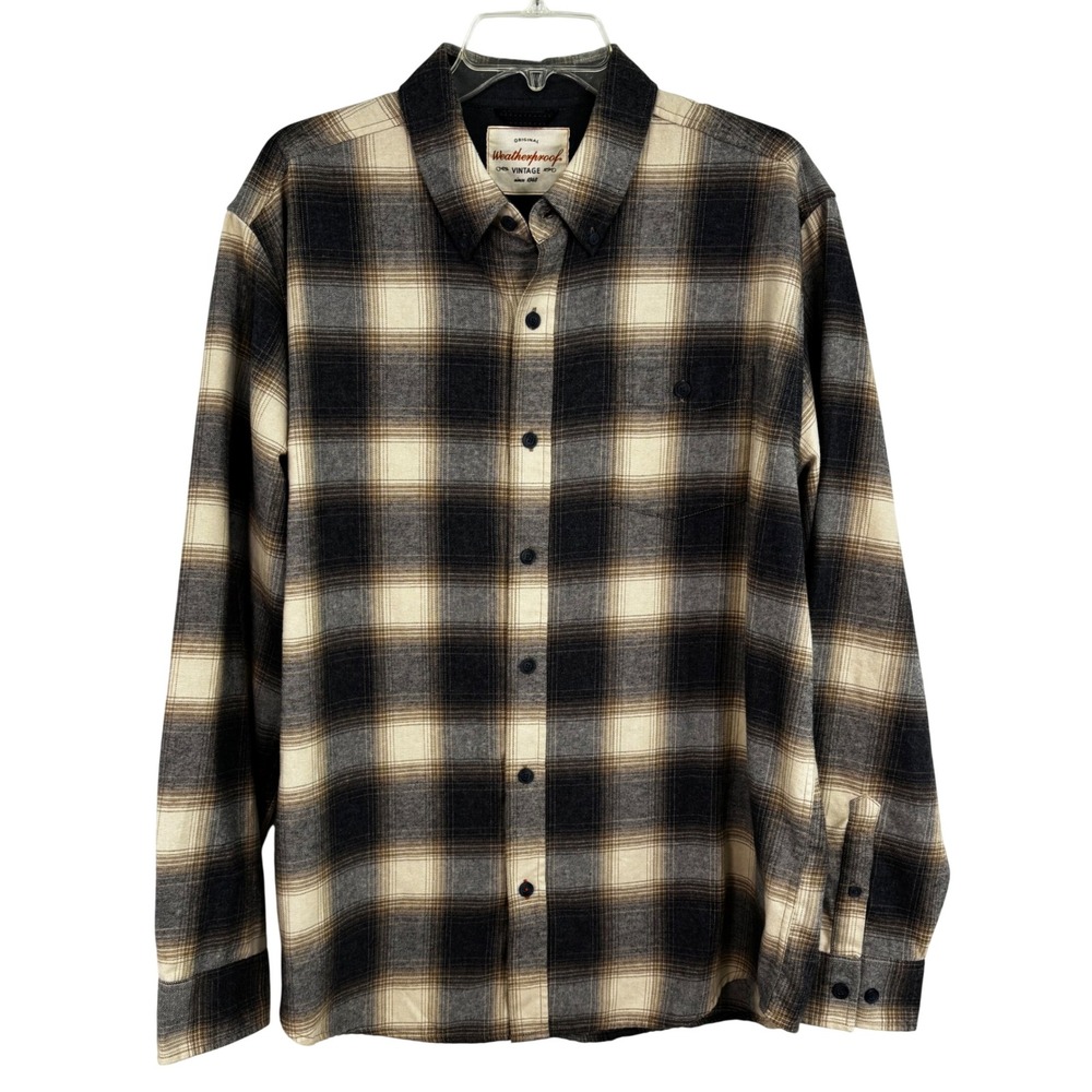Weatherproof Vintage Men's Flannel Shirt XL Plaid Grey Brown Long Sleeve 1600575